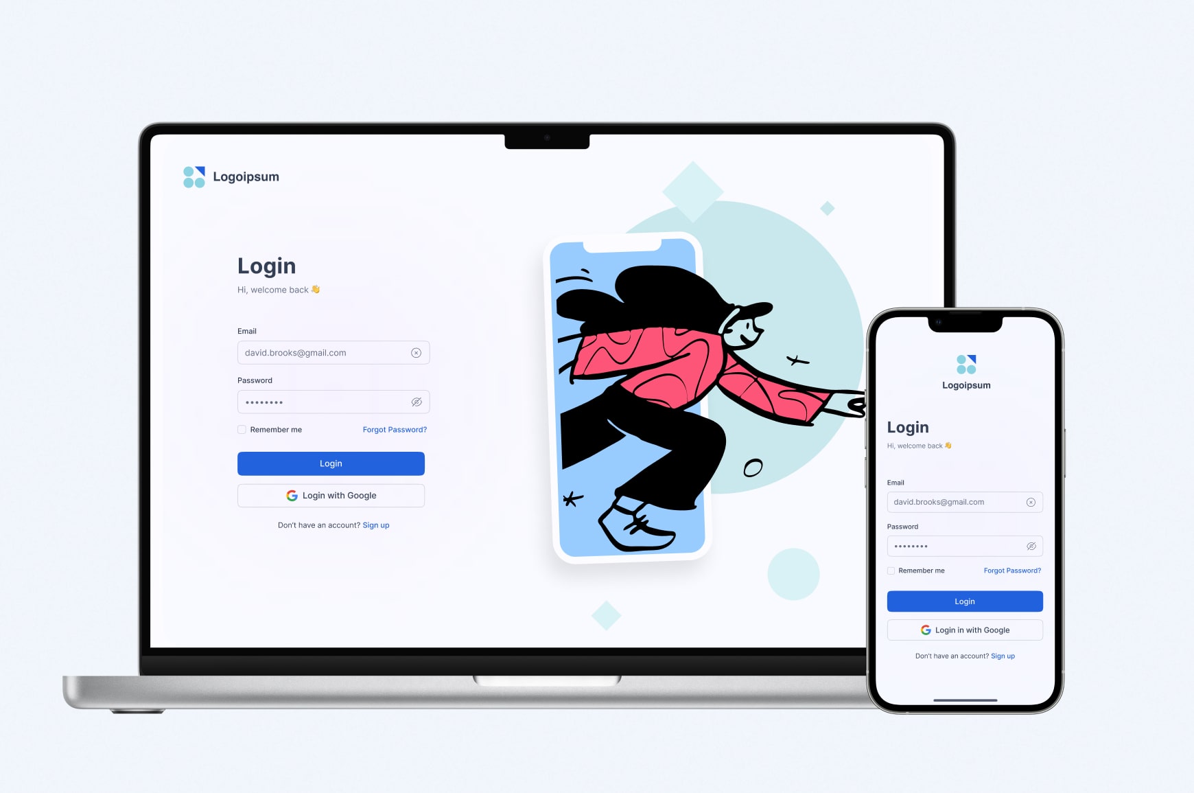 Desktop and mobile app login screens highlighting differences in layout and information architecture
