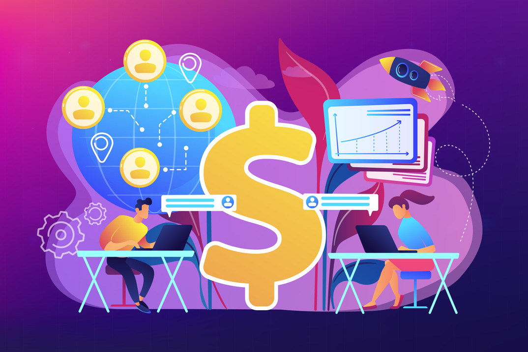Monetary illustration showing sales representatives and dollar sign