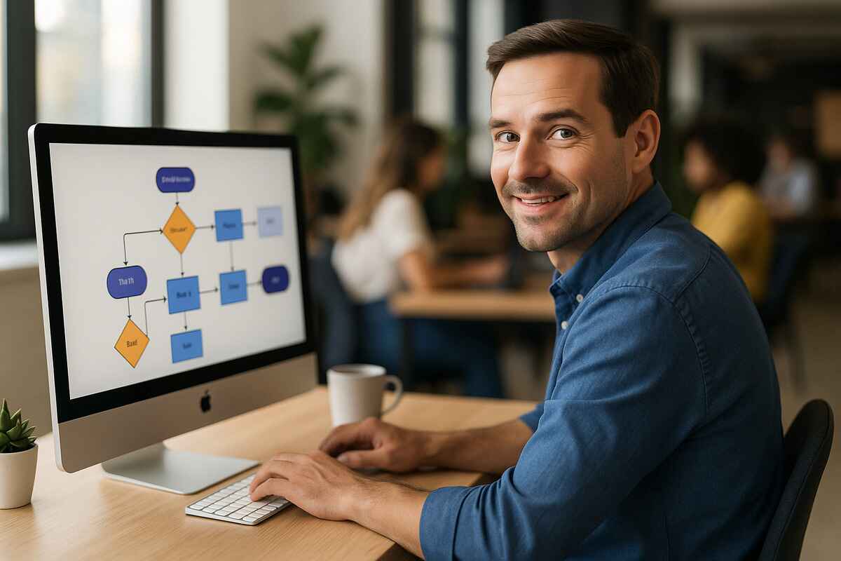 A man sitting at a desk, smiling at the camera while working on an iMac computer showing a process flow diagram in his company office