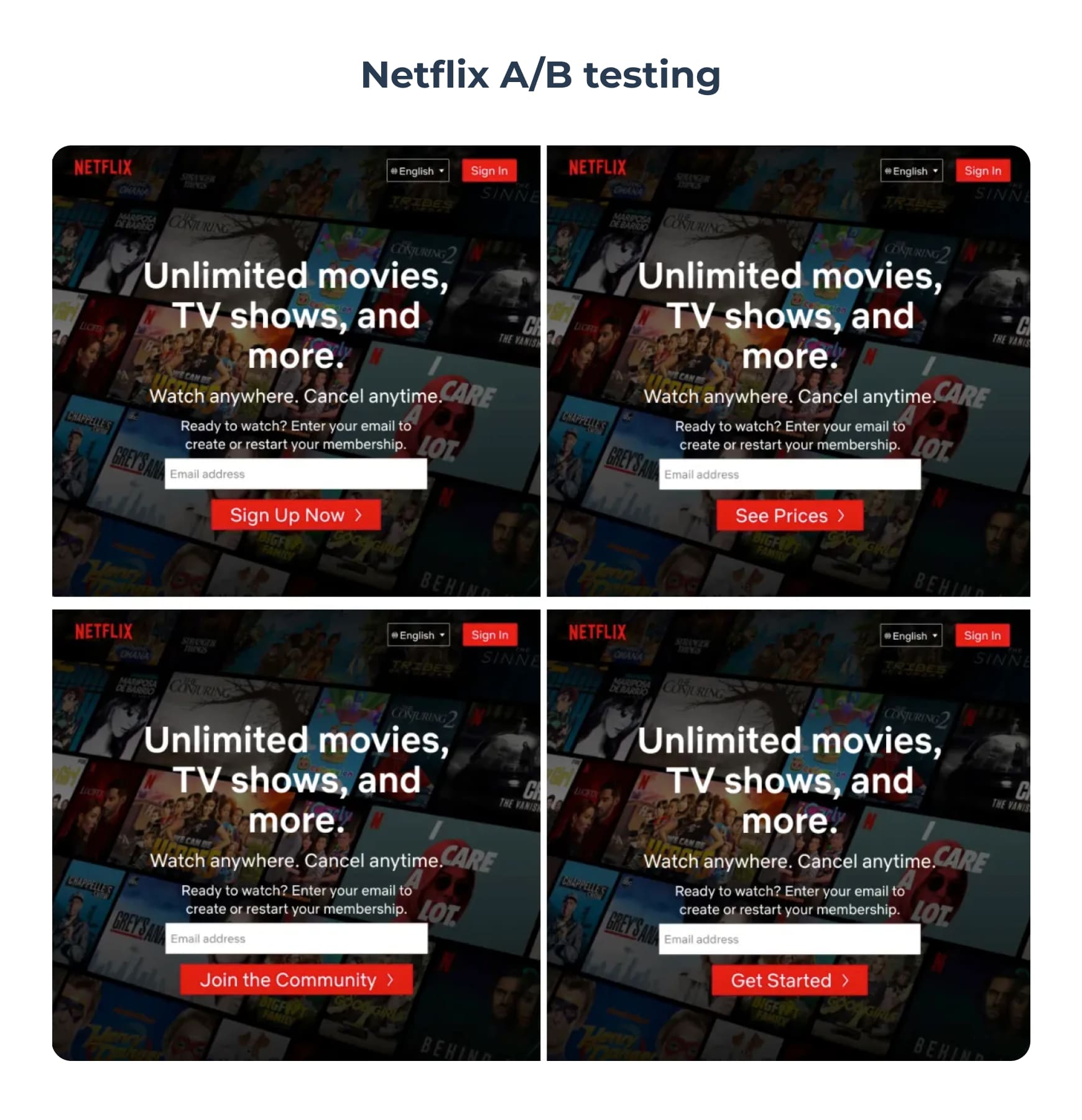 Four CTAs that Netflix A/B tested to determine which one would keep users moving on their site