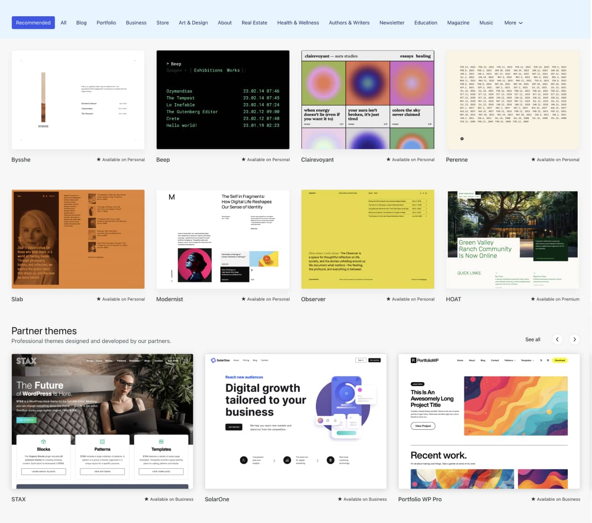 Screenshot of the official WordPress themes library showcasing free and premium themes available directly from WordPress.com