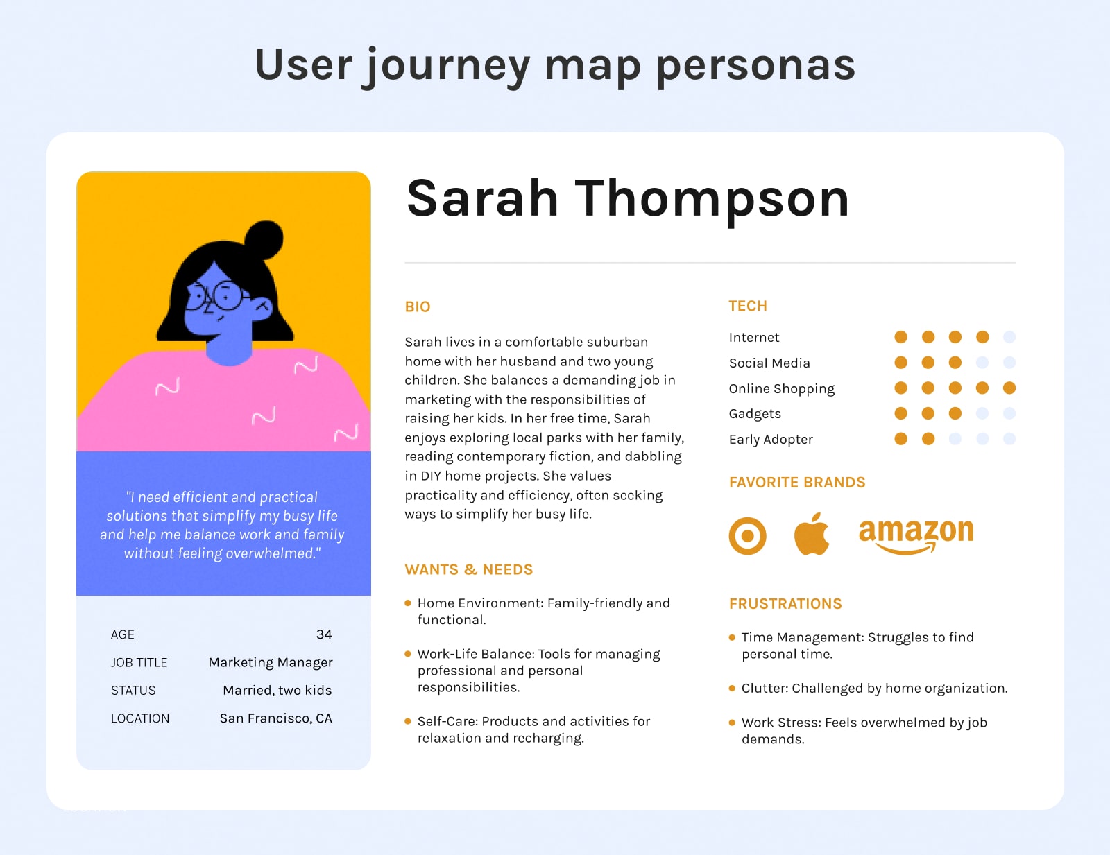 User journey map persona highlighting bio, wants & needs, favorite brands and frustrations