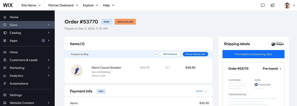 Screenshot of Wix ecommerce dashboard interface, showing simplified order and shipping management