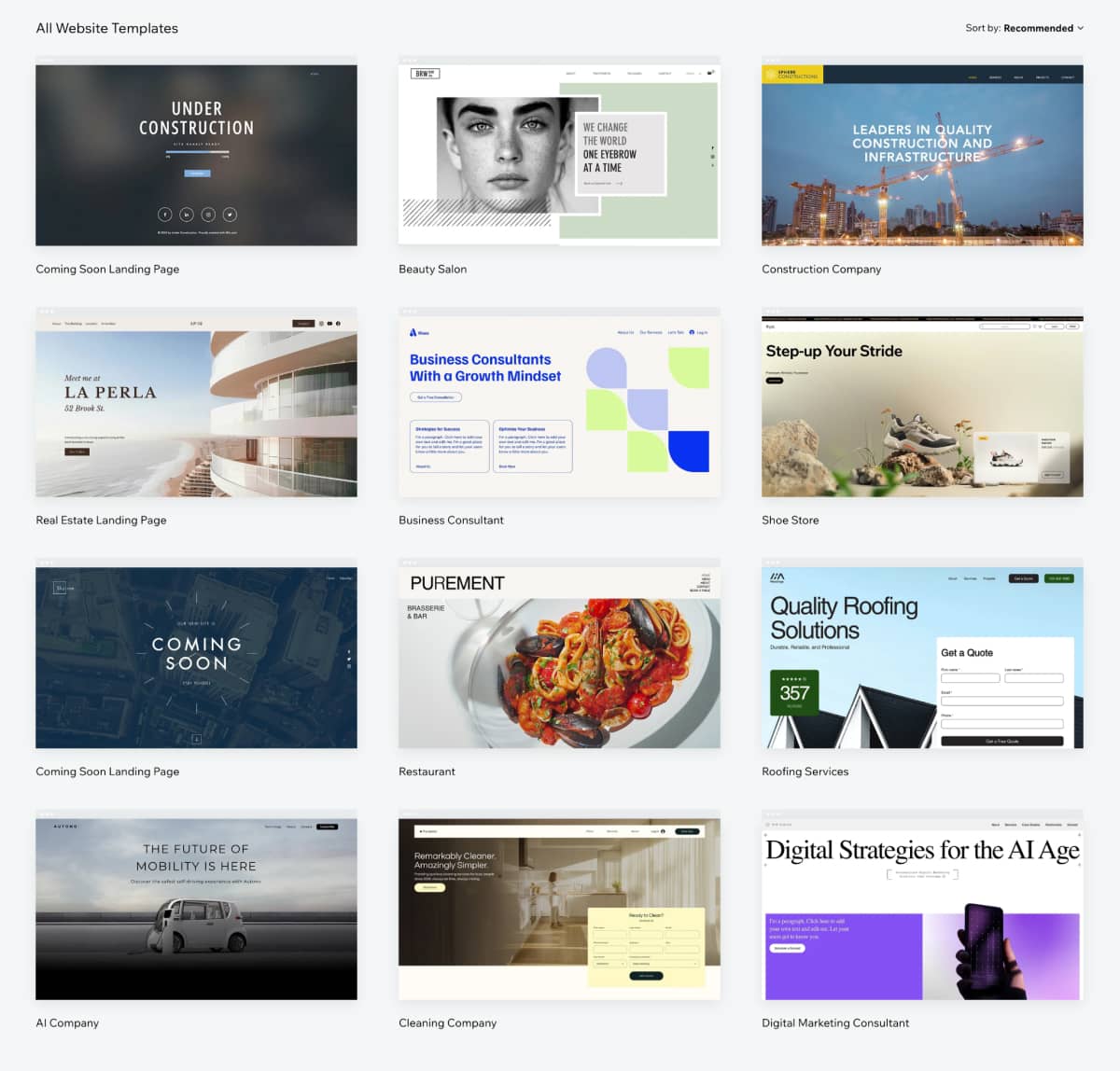 Wix template library homepage showcasing multiple template thumbnails sorted by website category