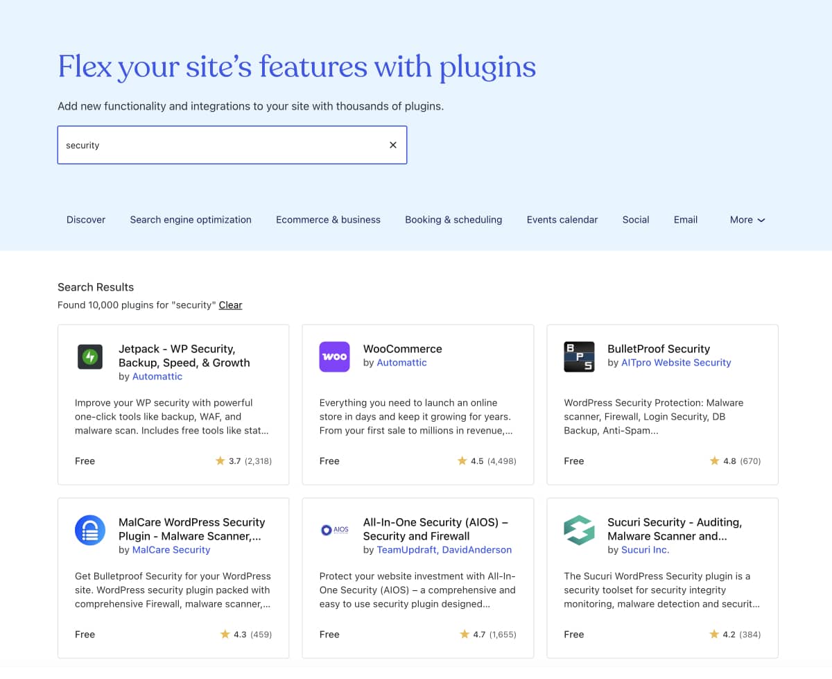 Screenshot of security plugins from WordPress.com, featuring Jetpack, BulletProof Security, MalCare, All-In-One Security (AIOS), and Sucuri