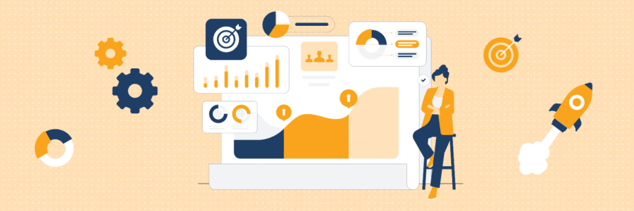 Charts and icons showing SEO growth