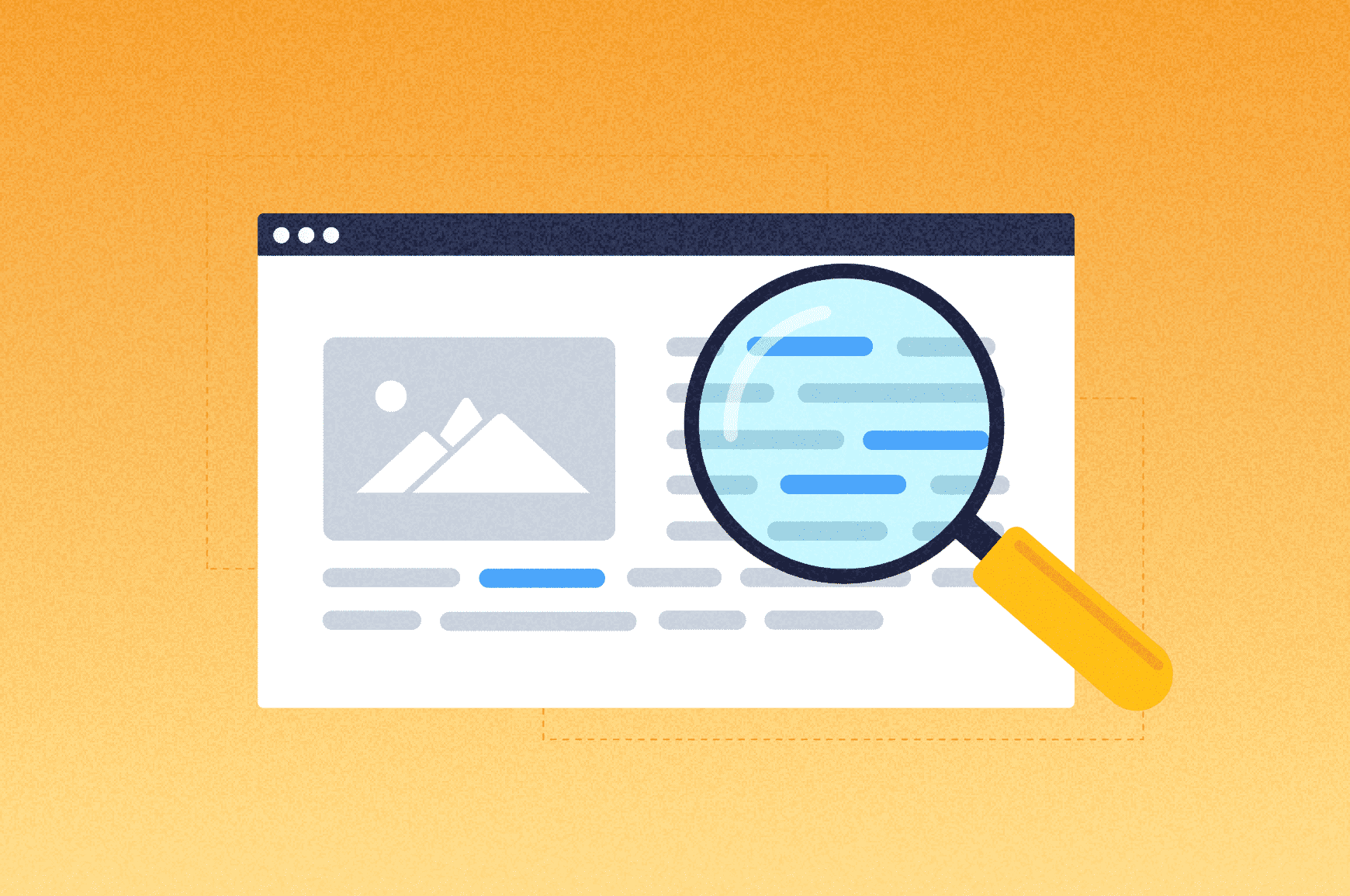 Webpage with a magnifying glass looking for highlighted keywords