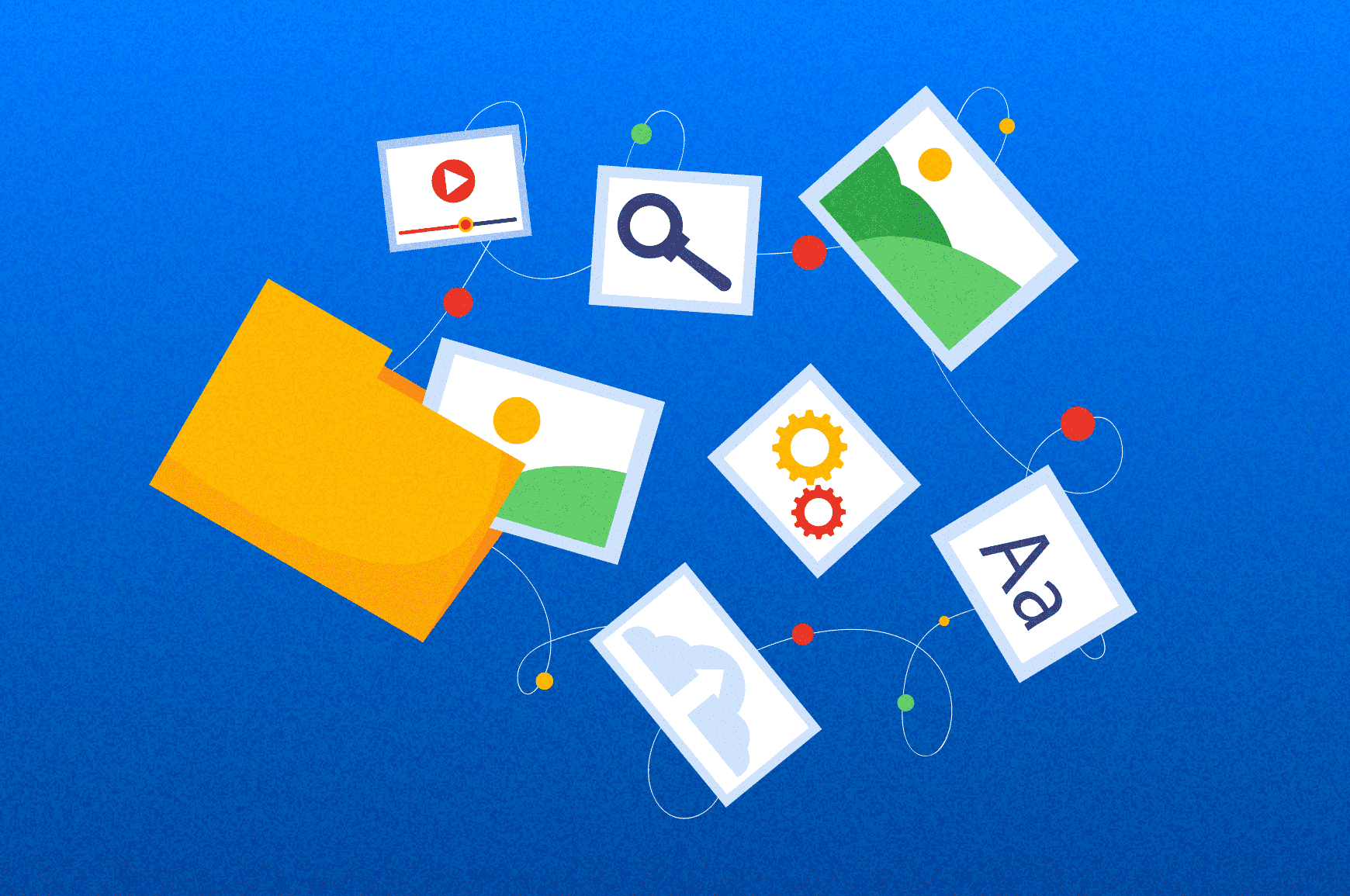 A folder with icons representing types of SEO content spilling out