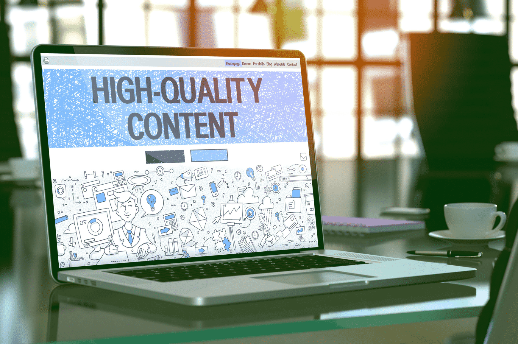 Computer screen with text that reads “high quality content”