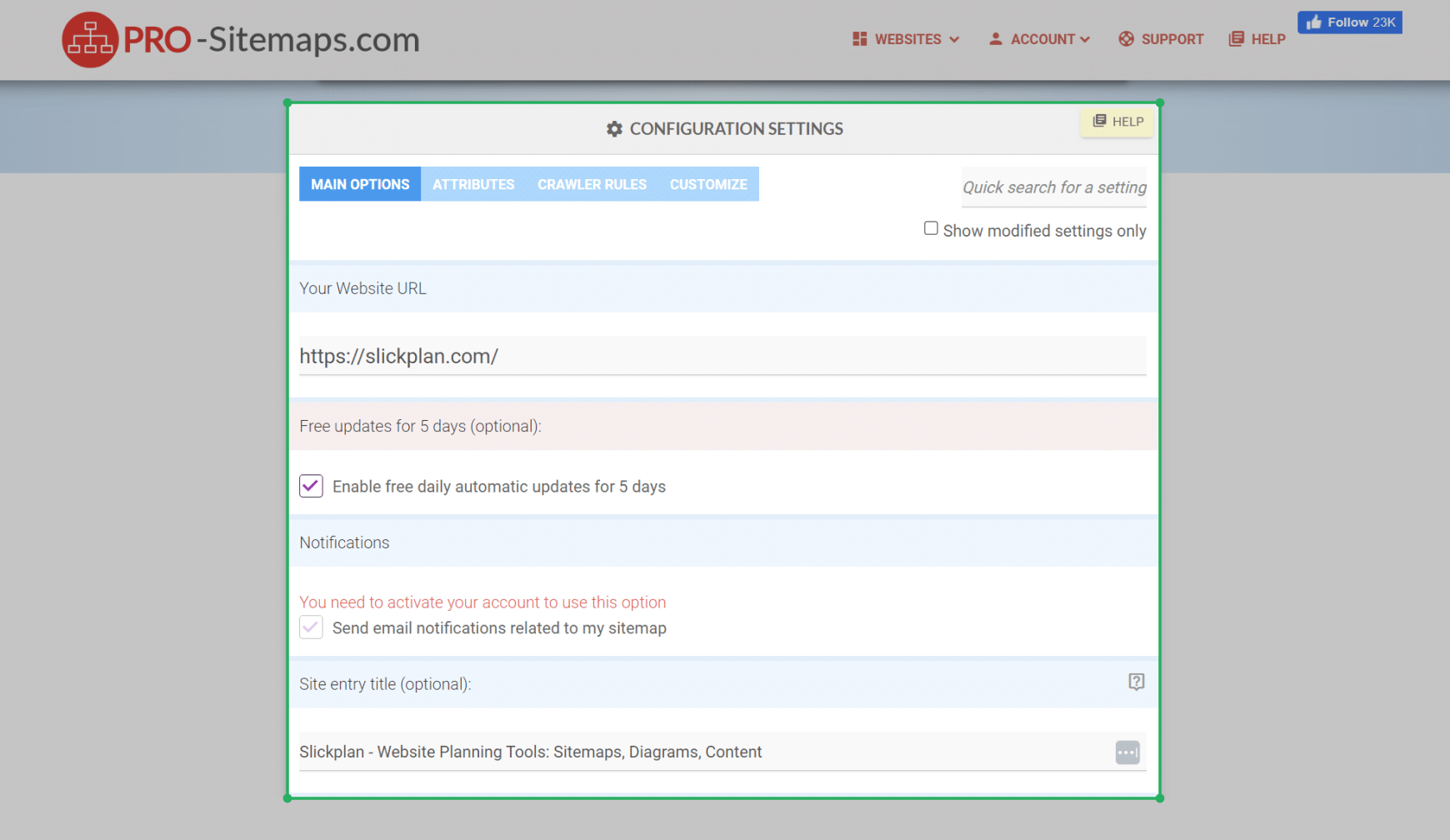 PRO Sitemaps configuration settings menu