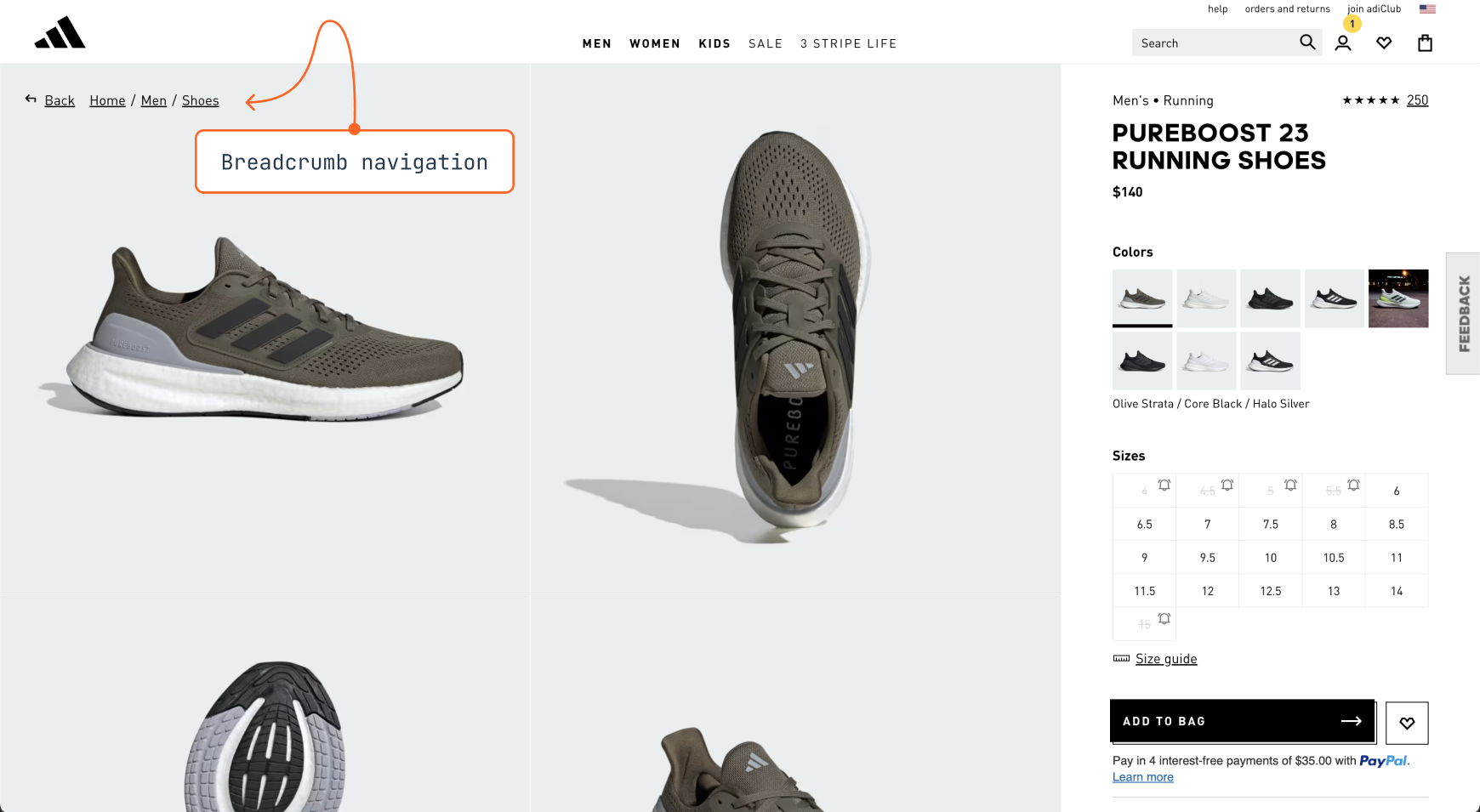 Breadcrumb navigation on the Adidas website