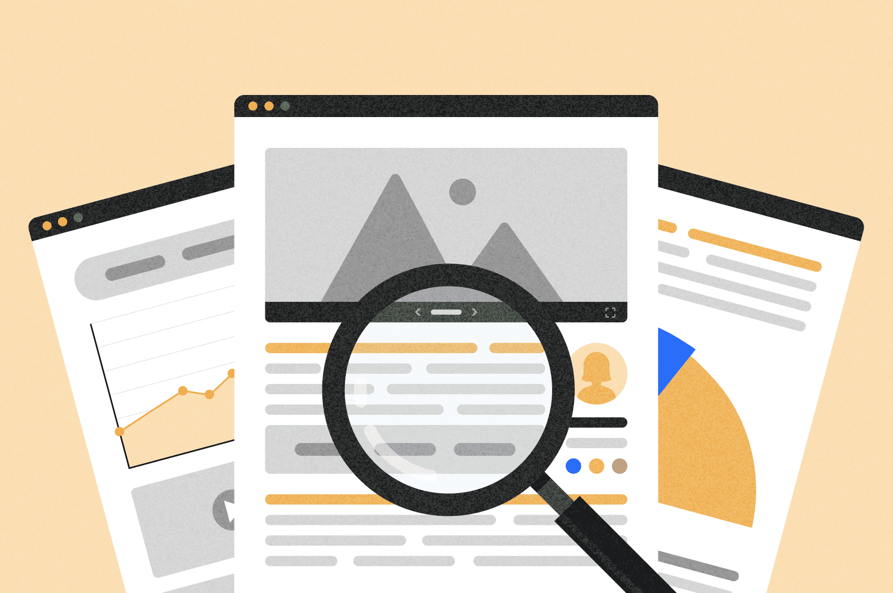 Magnifying glass looking over a three page blog